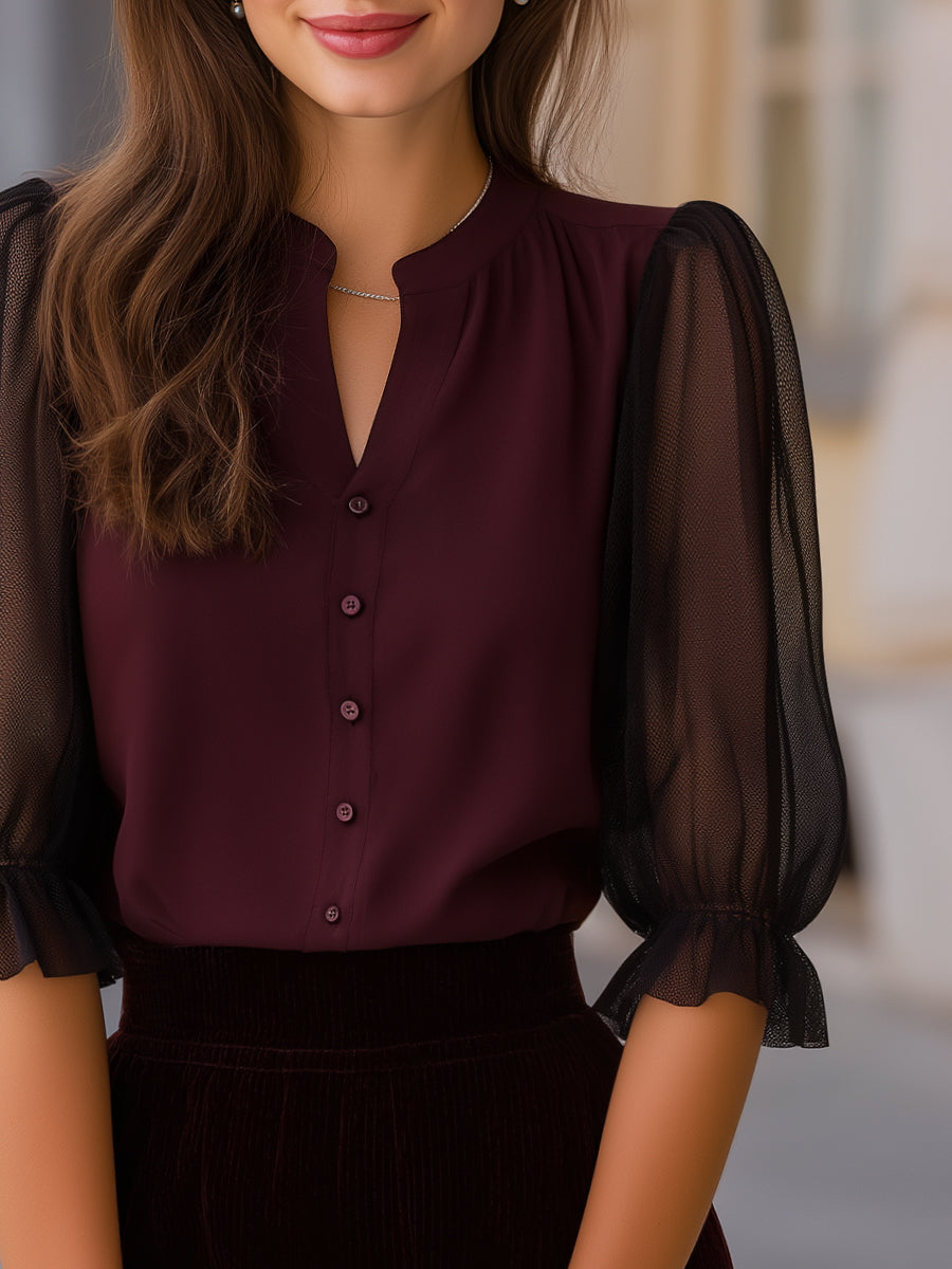 Sheer Puff Sleeve Button-Up Blouse | Elegant Women's Dress