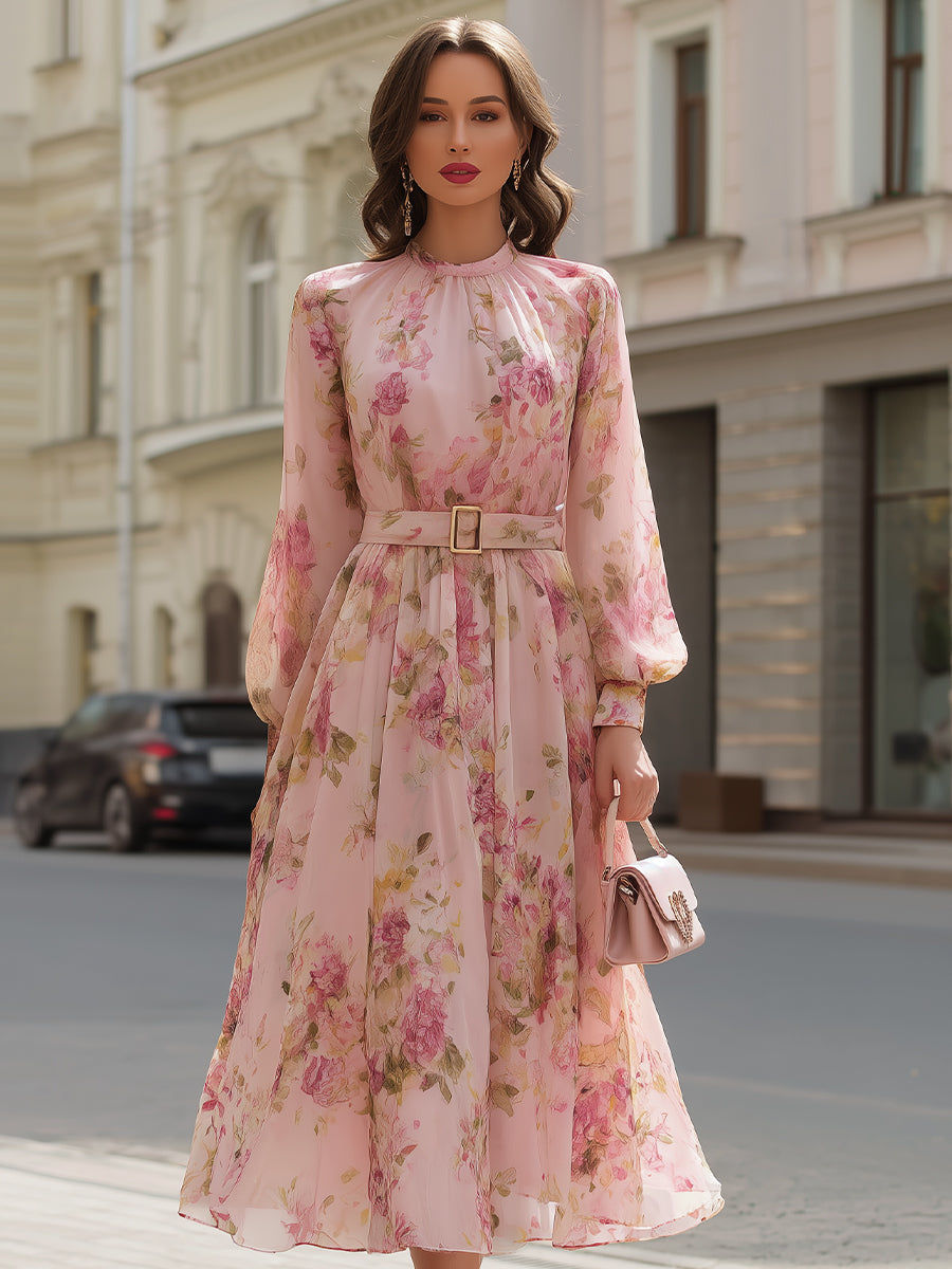 Romantic Blush Floral Chiffon Midi Dress | Elegant Women's Dress