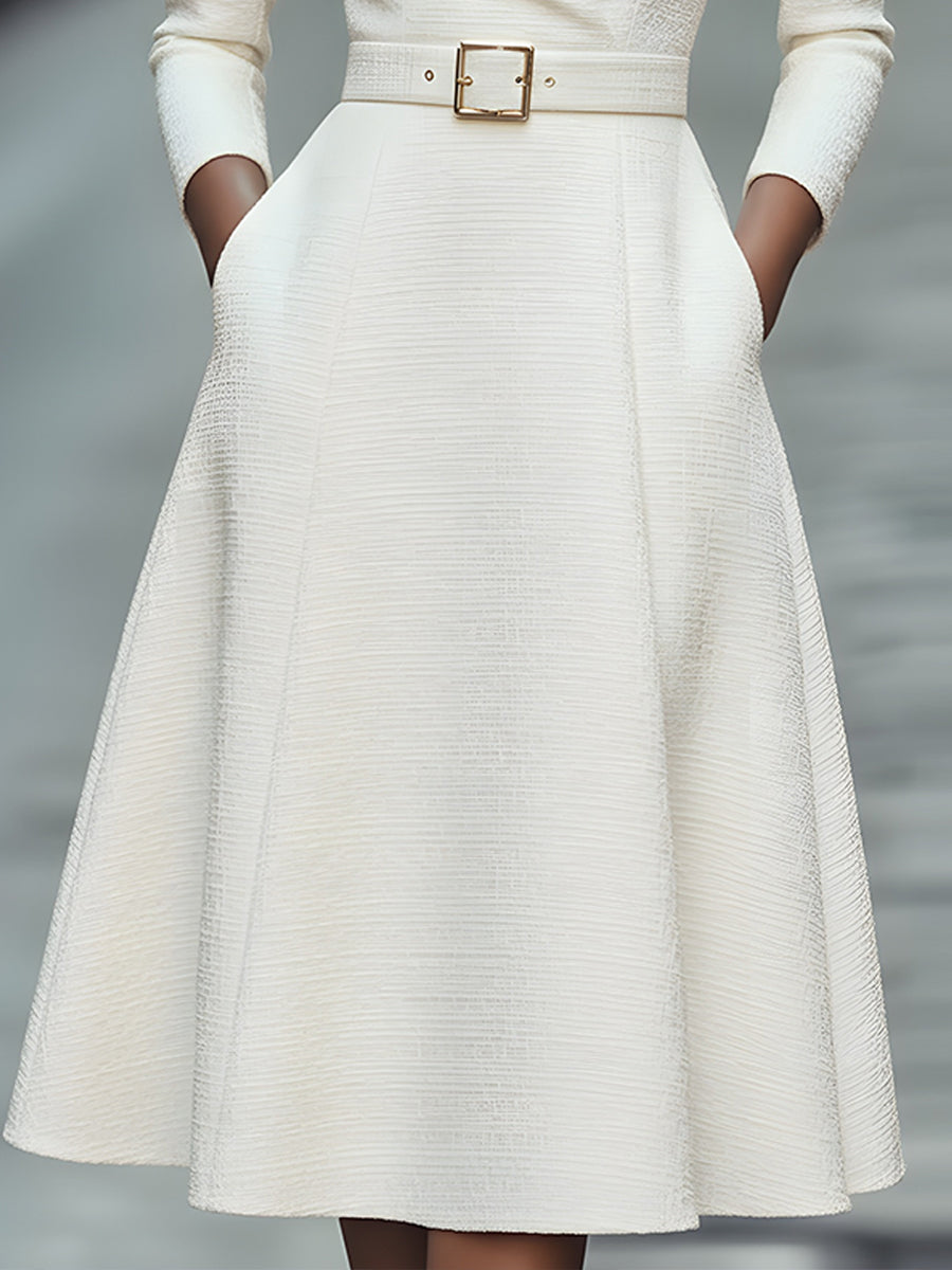 White Textured Belted Midi Dress With V-Neckline | Elegant Women's Dress