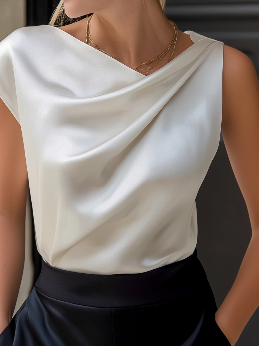 Asymmetric Draped Satin Sleeveless Top Blouse | Elegant Women's Dress