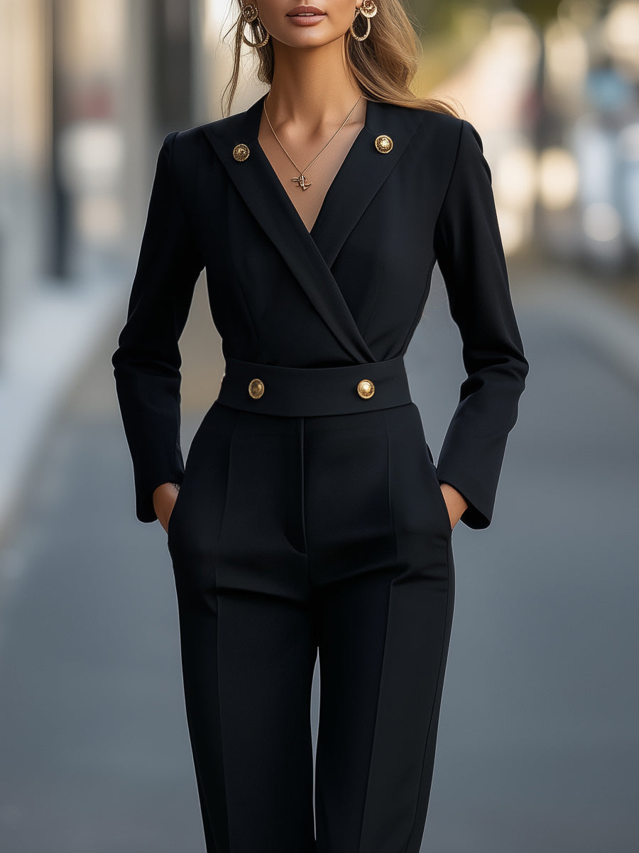 Tailored Jumpsuit With Gold Button Accents | Elegant Women's Dress