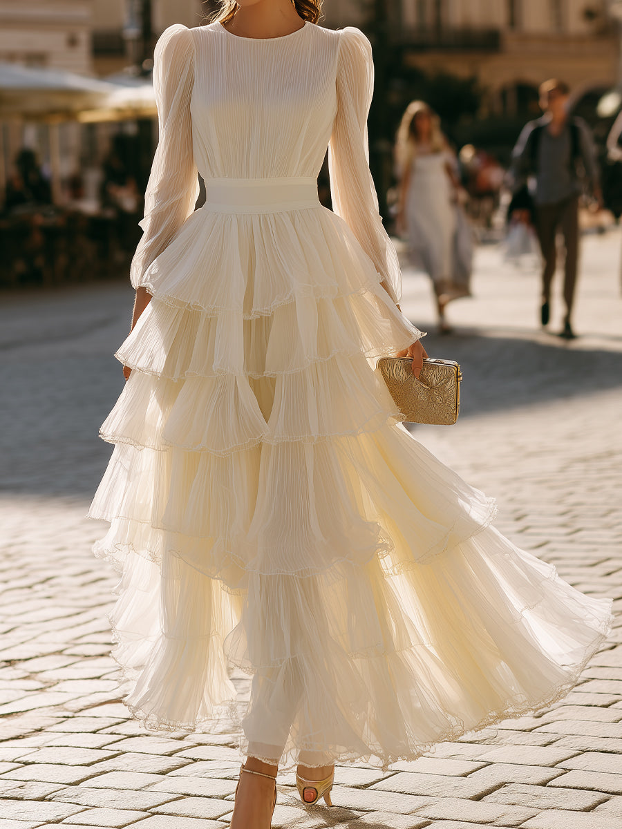 Tiered Ruffle Long Sleeve Pleated Maxi Dress | Elegant Women's Dress