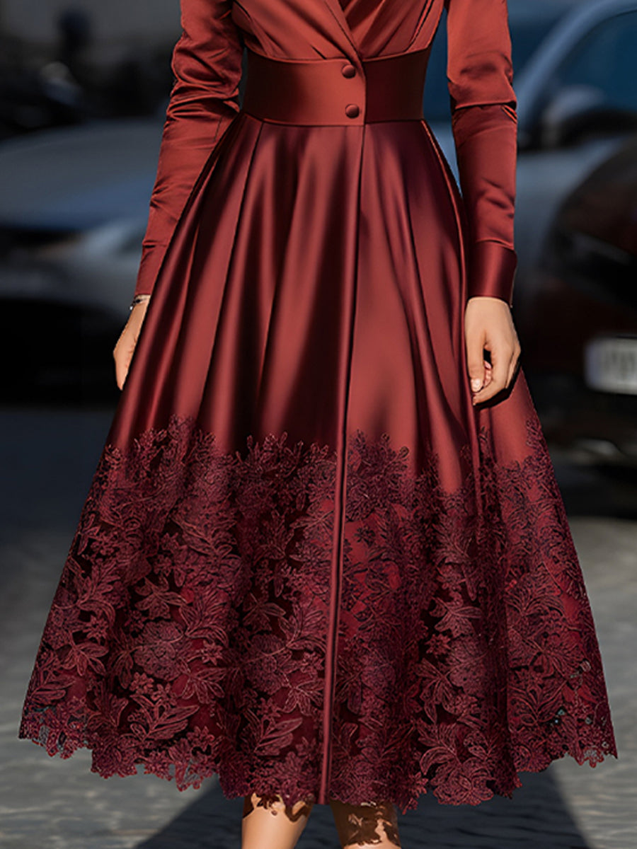Burgundy Satin Belted Midi Dress With Lace Hem | Elegant Women's Dress