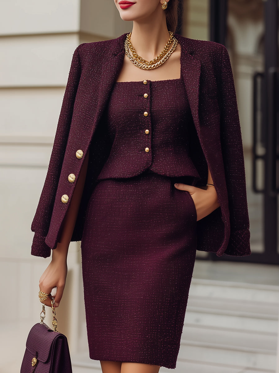 Stylish Tweed Three-Piece Power Set | Elegant Women's Dress