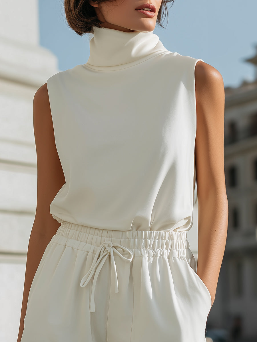 Minimalist Turtleneck Vest & Drawstring Short Set | Elegant Women's Dress