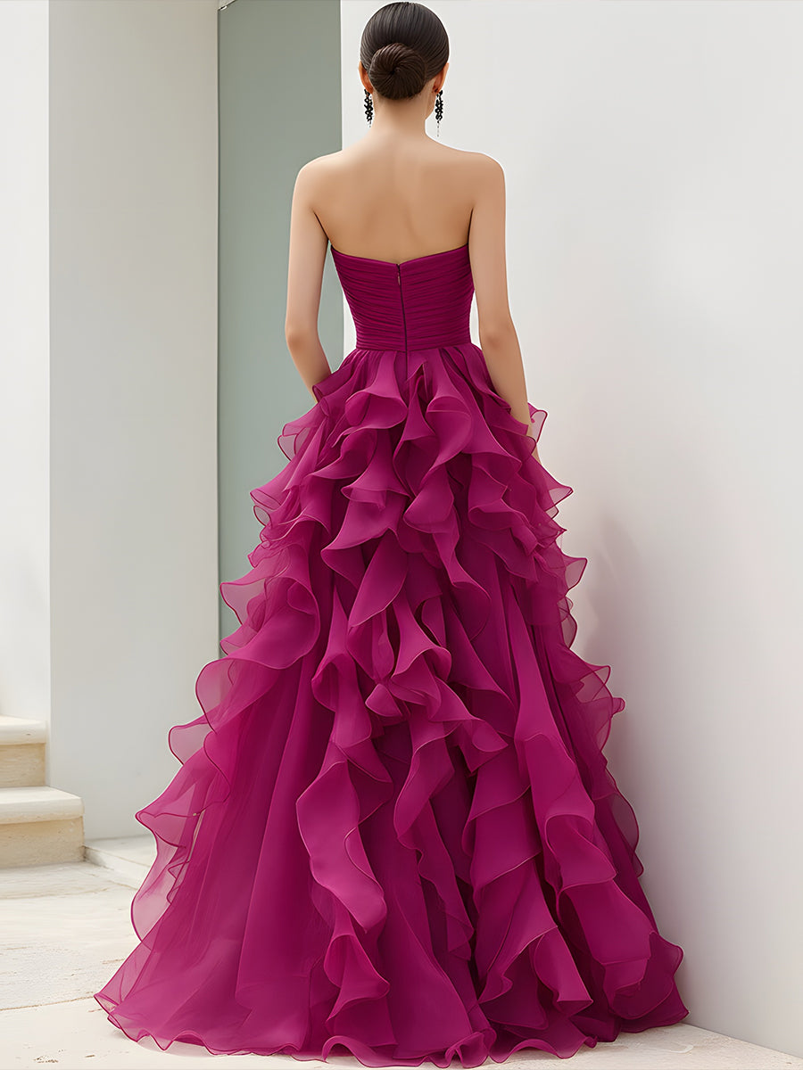 Strapless Magenta Ruffled Ball Gown | Elegant Women's Dress