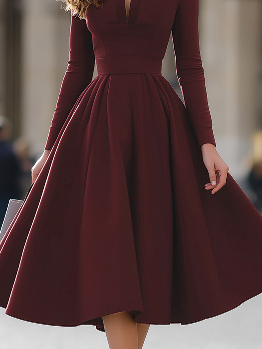 Burgundy V-Neck Full-Skirt Midi Dress | Elegant Women's Dress