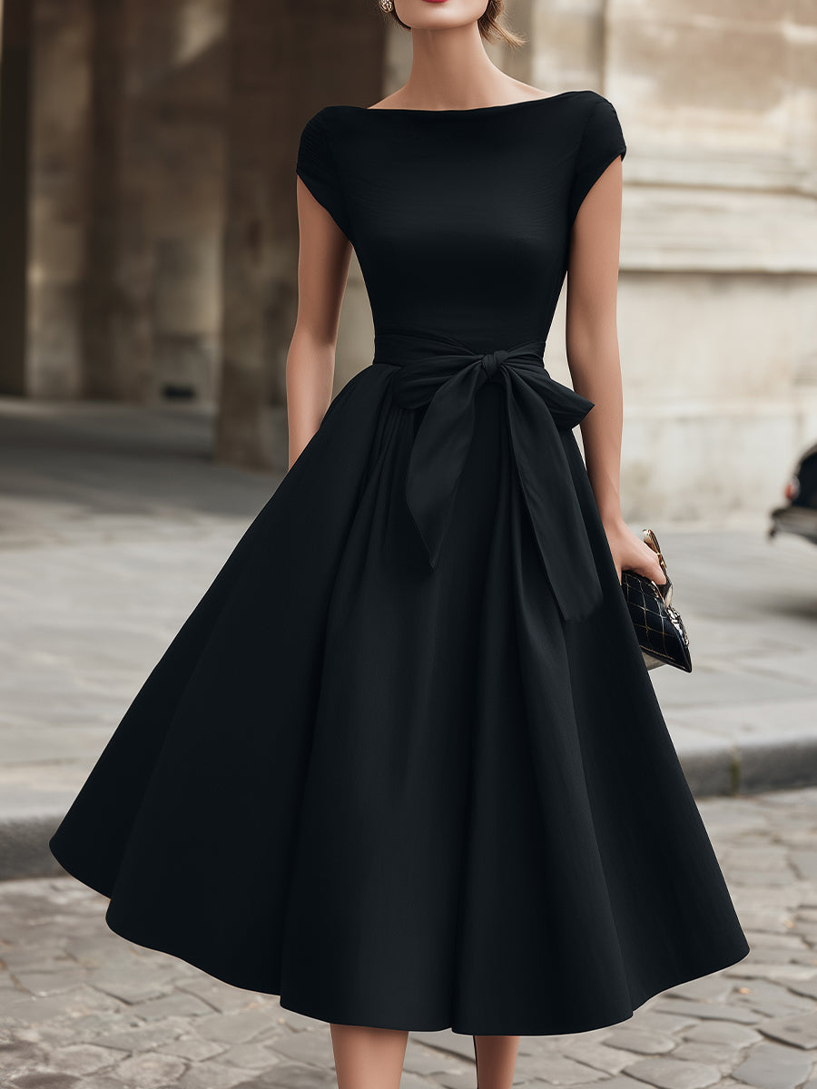 Cap-Sleeve Bow-Waist Midi Dress | Elegant Women's Dress