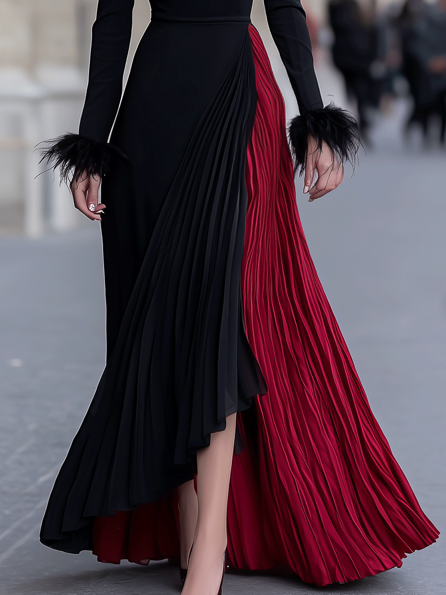 Black And Red Pleated Gown With Feather Cuff Details | Elegant Women's Dress