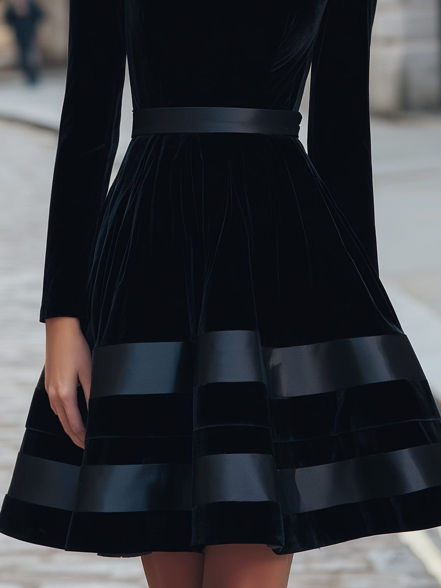 Black Velvet Fit-and-Flare Dress With Satin Stripes | Elegant Women's Dress