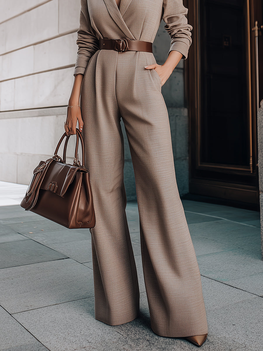Taupe Belted Blazer Jumpsuit With Wide-Leg Silhouette | Elegant Women's Dress