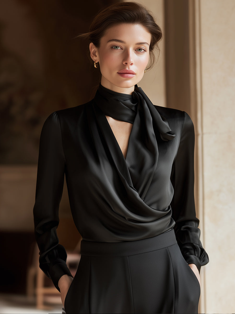 Black Draped Silk Blouse With Neck Tie Detail | Elegant Women's Dress
