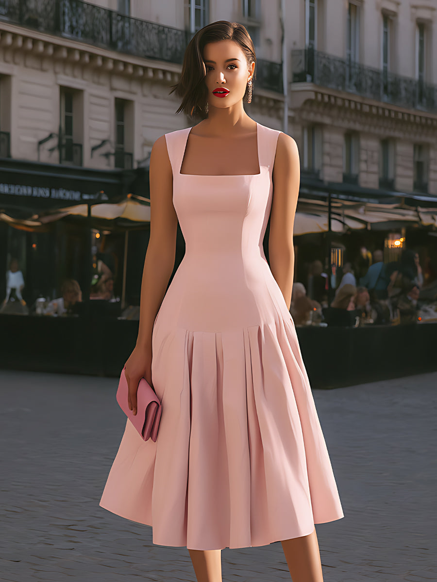 Structured Square Neck Sleeveless Midi Dress | Elegant Women's Dress