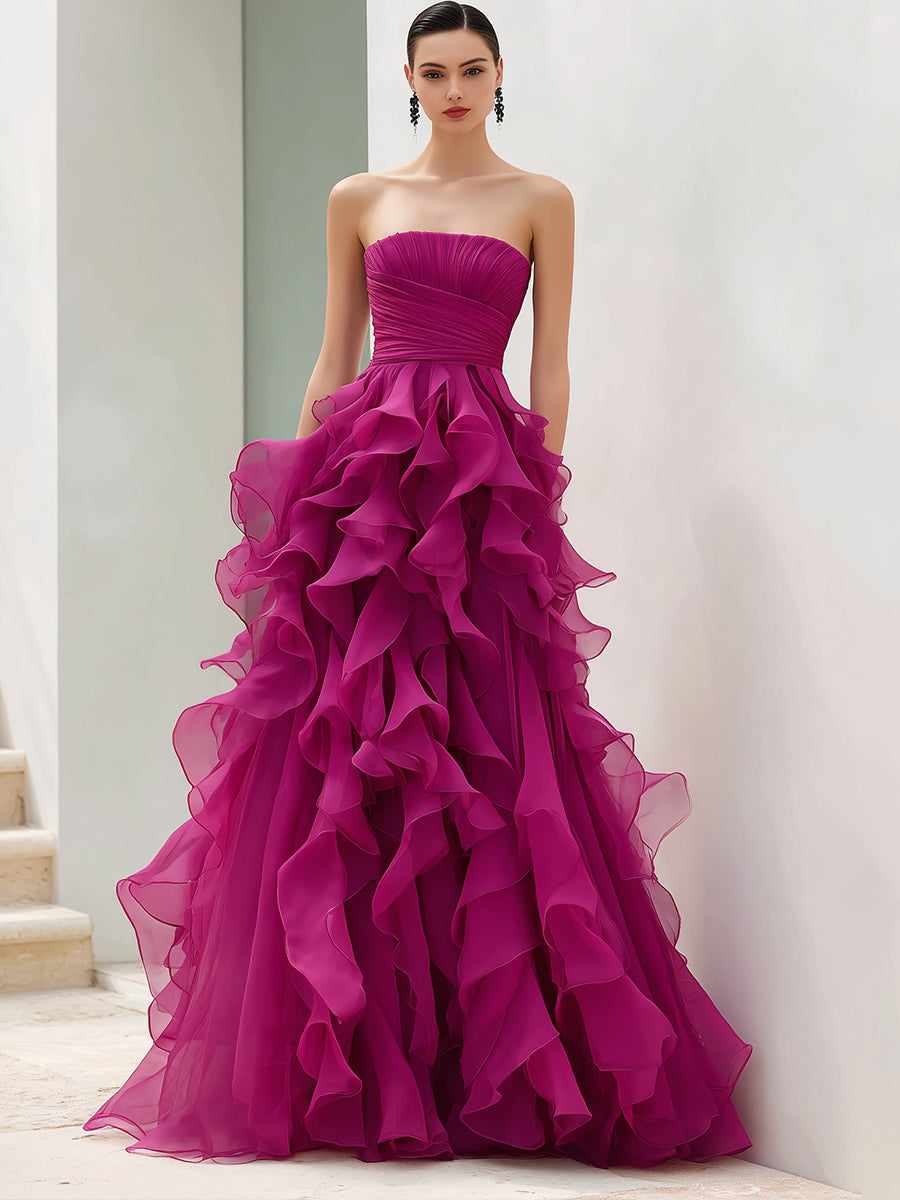Strapless Magenta Ruffled Ball Gown | Elegant Women's Dress