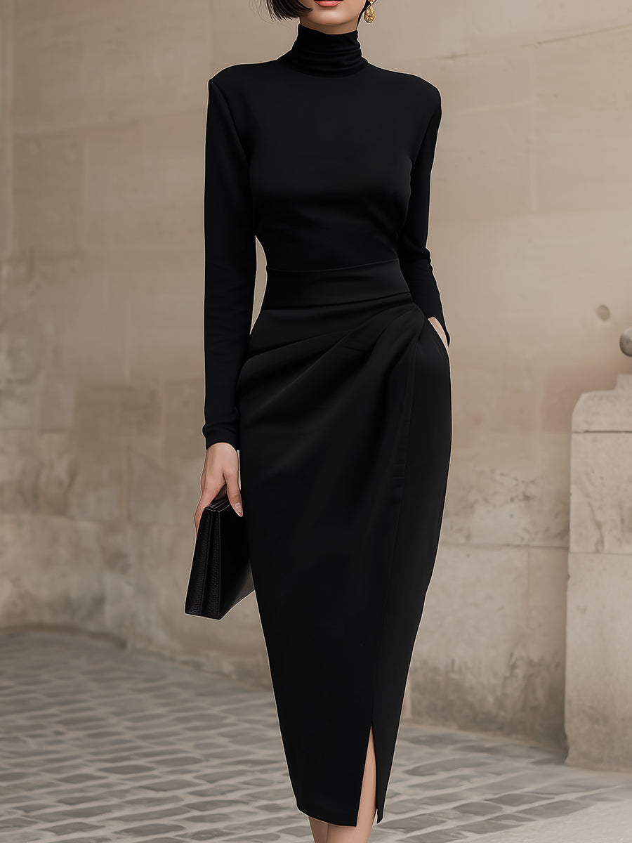 Sleek Black Turtleneck Draped Midi Dress | Elegant Women's Dress