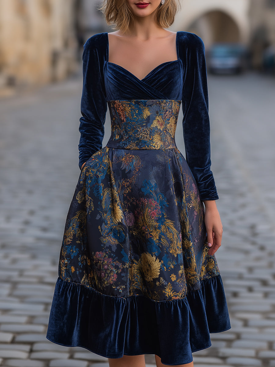 Velvet Bodice Printed Midi Dress With Long Sleeves | Elegant Women's Dress