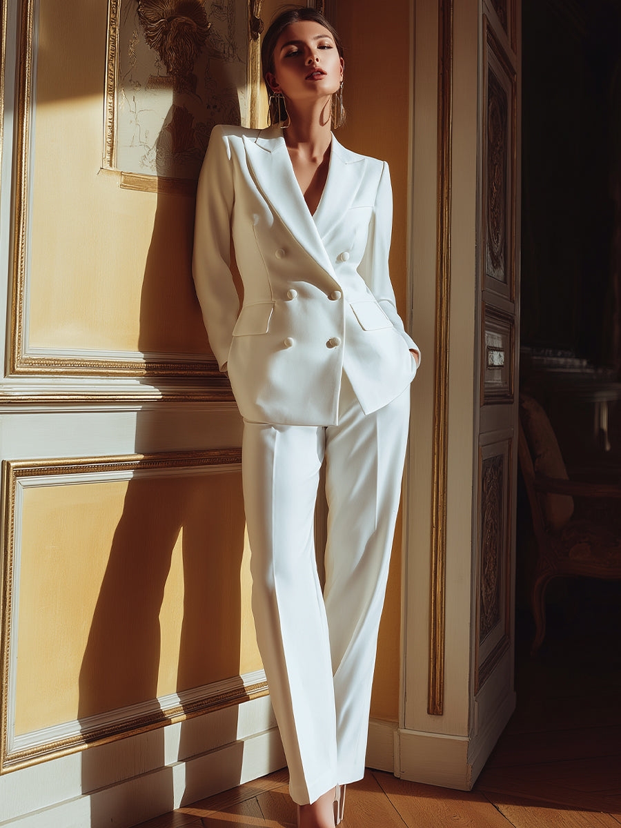 White Structured Double-Breasted Blazer & Straight-Leg Trousers Suit | Elegant Women's Dress