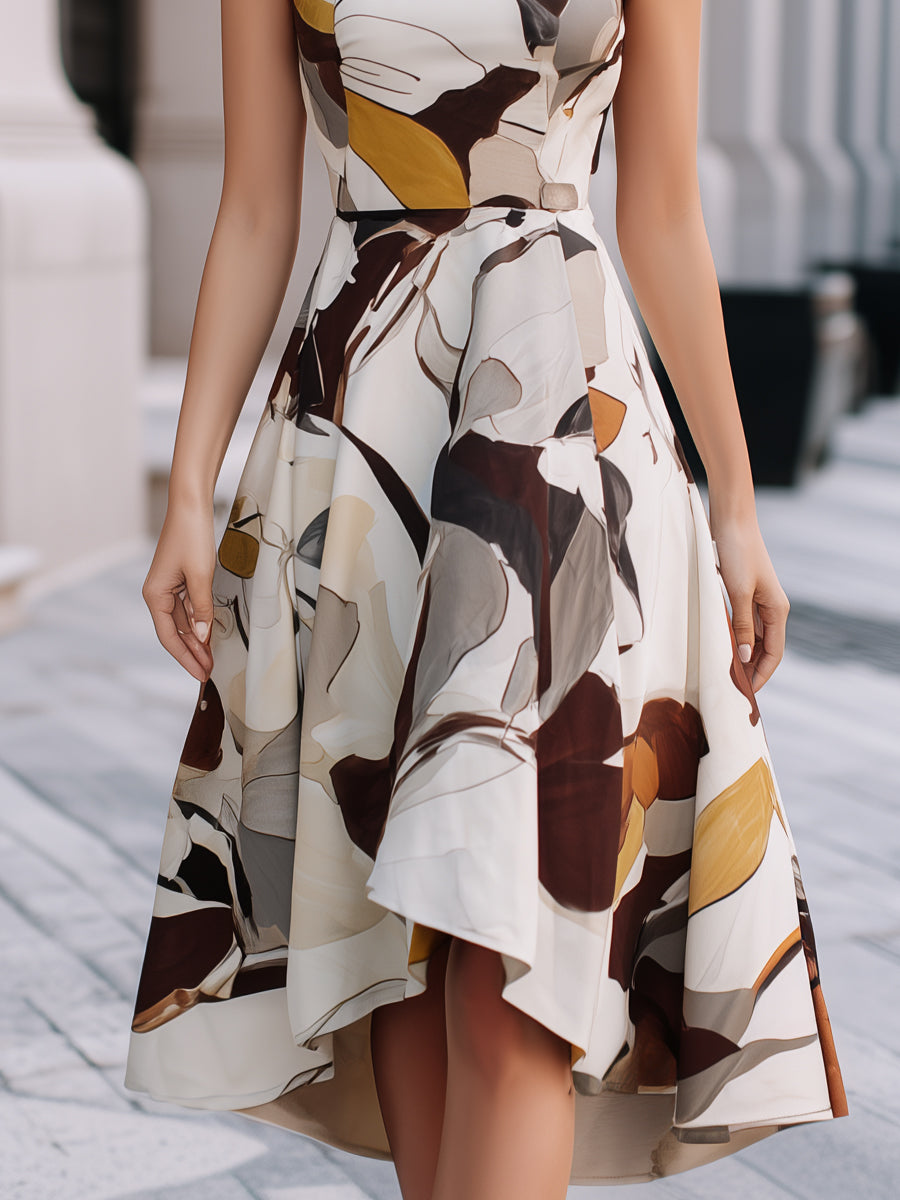 Abstract Floral Sleeveless Fit & Flare Midi Dress | Elegant Women's Dress