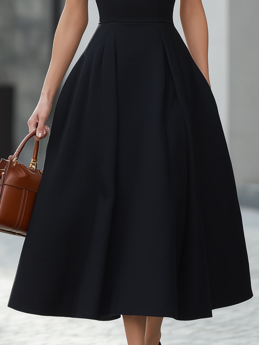 Black Halter Neck Fit-and-Flare Midi Dress | Elegant Women's Dress