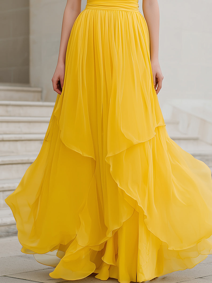 Yellow Halter Neck Pleated Chiffon Maxi Dress With Tiered Hem | Elegant Women's Dress