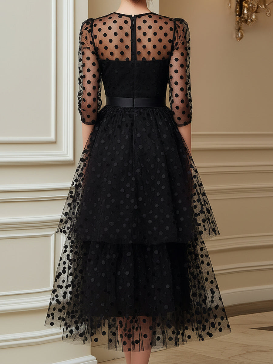 Sheer Polka Dot Tulle Belted Midi Dress | Elegant Women's Dress