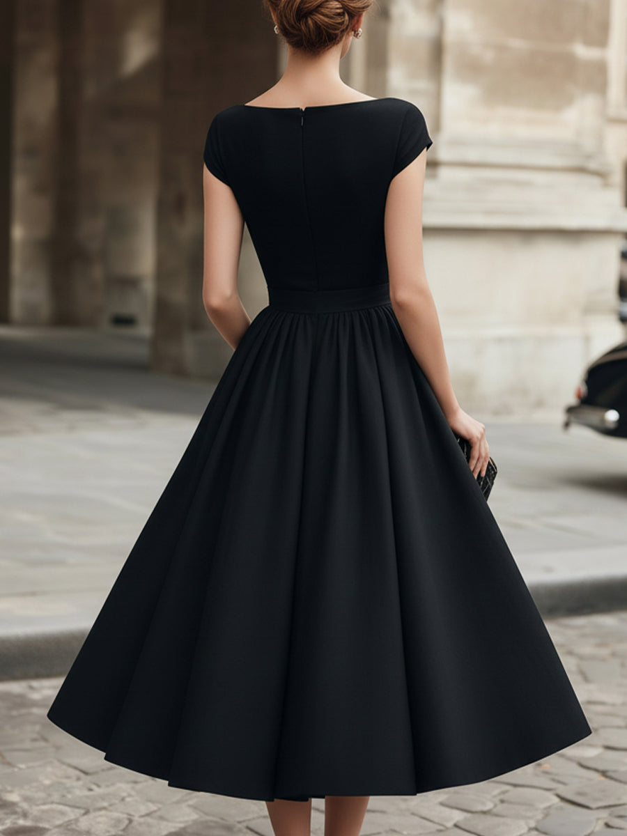 Cap-Sleeve Bow-Waist Midi Dress | Elegant Women's Dress