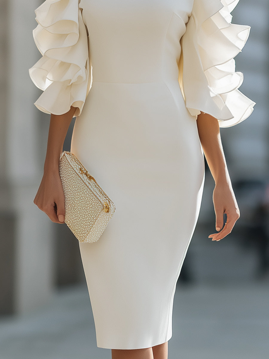 White Dress With Ruffled Sheer Sleeves | Elegant Women's Dress