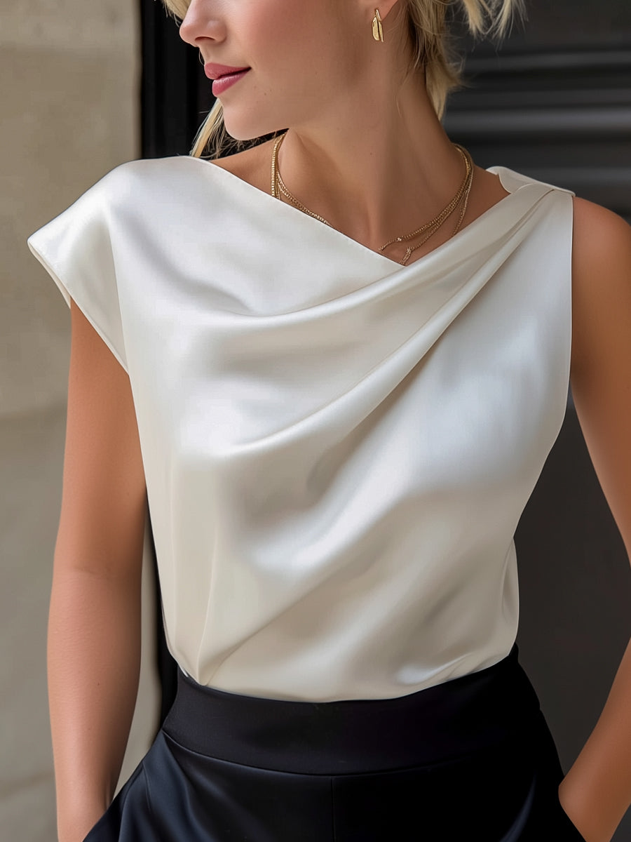 Asymmetric Draped Satin Sleeveless Top Blouse | Elegant Women's Dress
