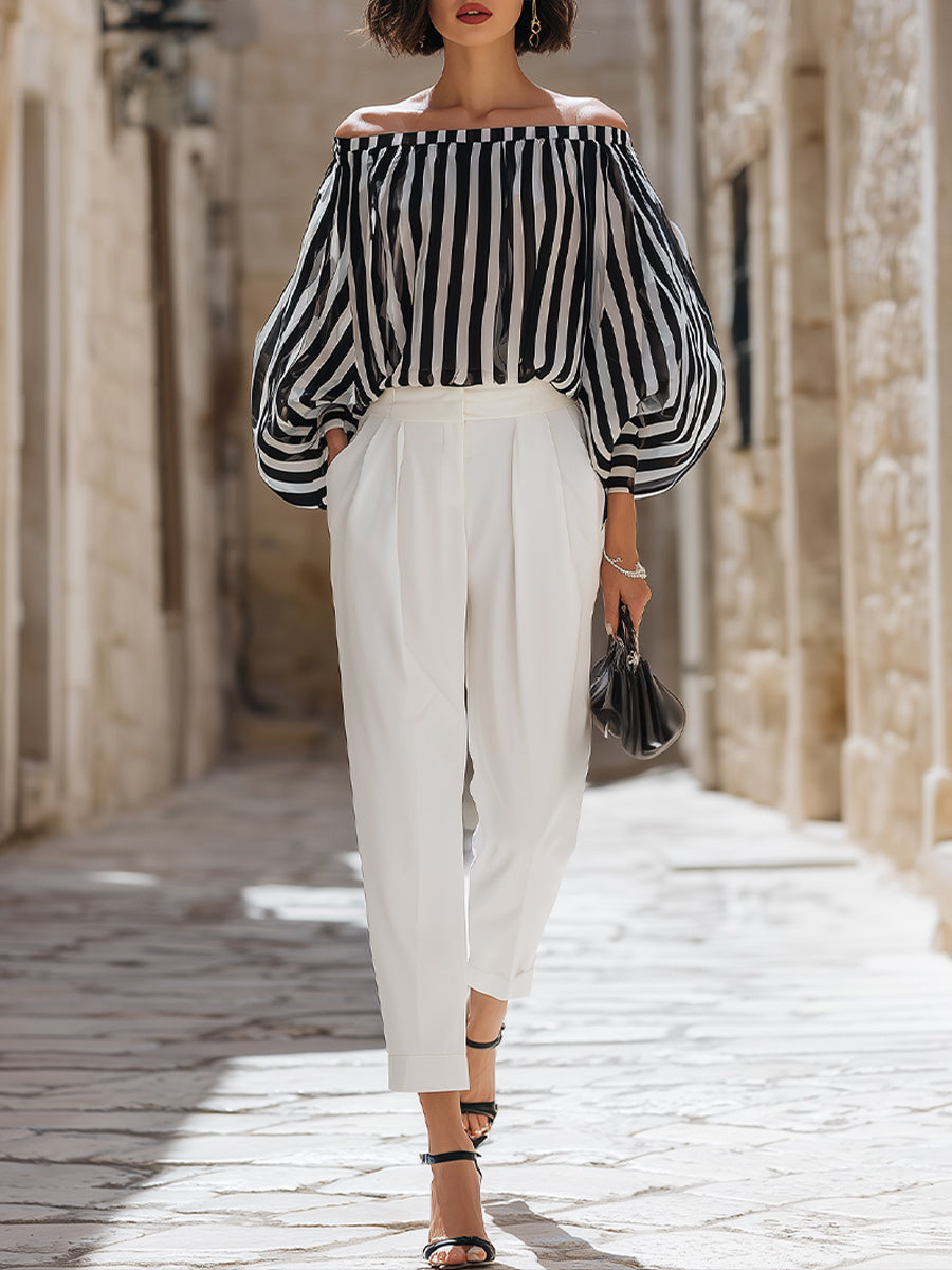 Chic Off-the-Shoulder Striped Blouse & High-Waisted Tailored Trousers Set | Elegant Women's Dress