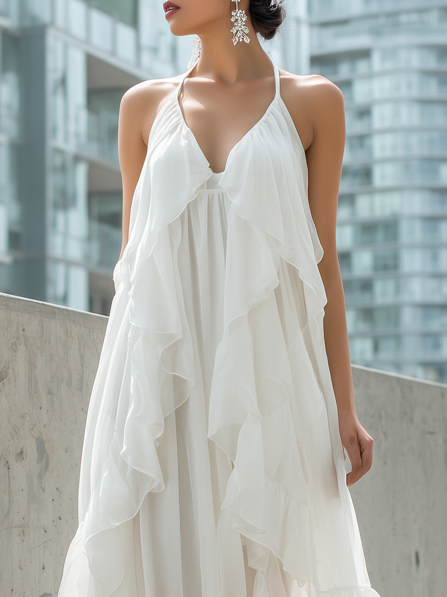 White Halter Ruffled Chiffon Maxi Dress | Elegant Women's Dress