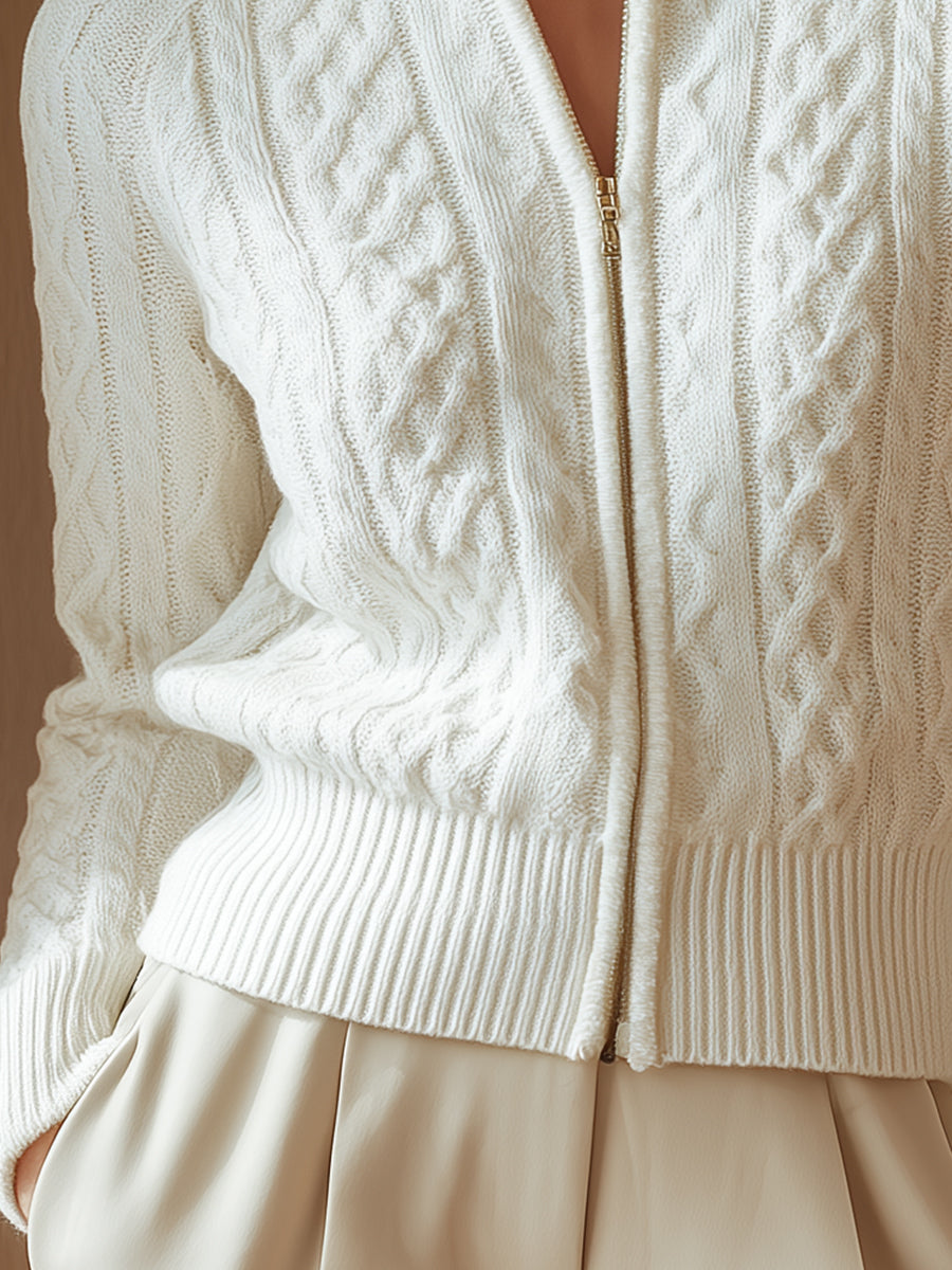 White Cable-Knit Zip Cardigan | Elegant Women's Dress