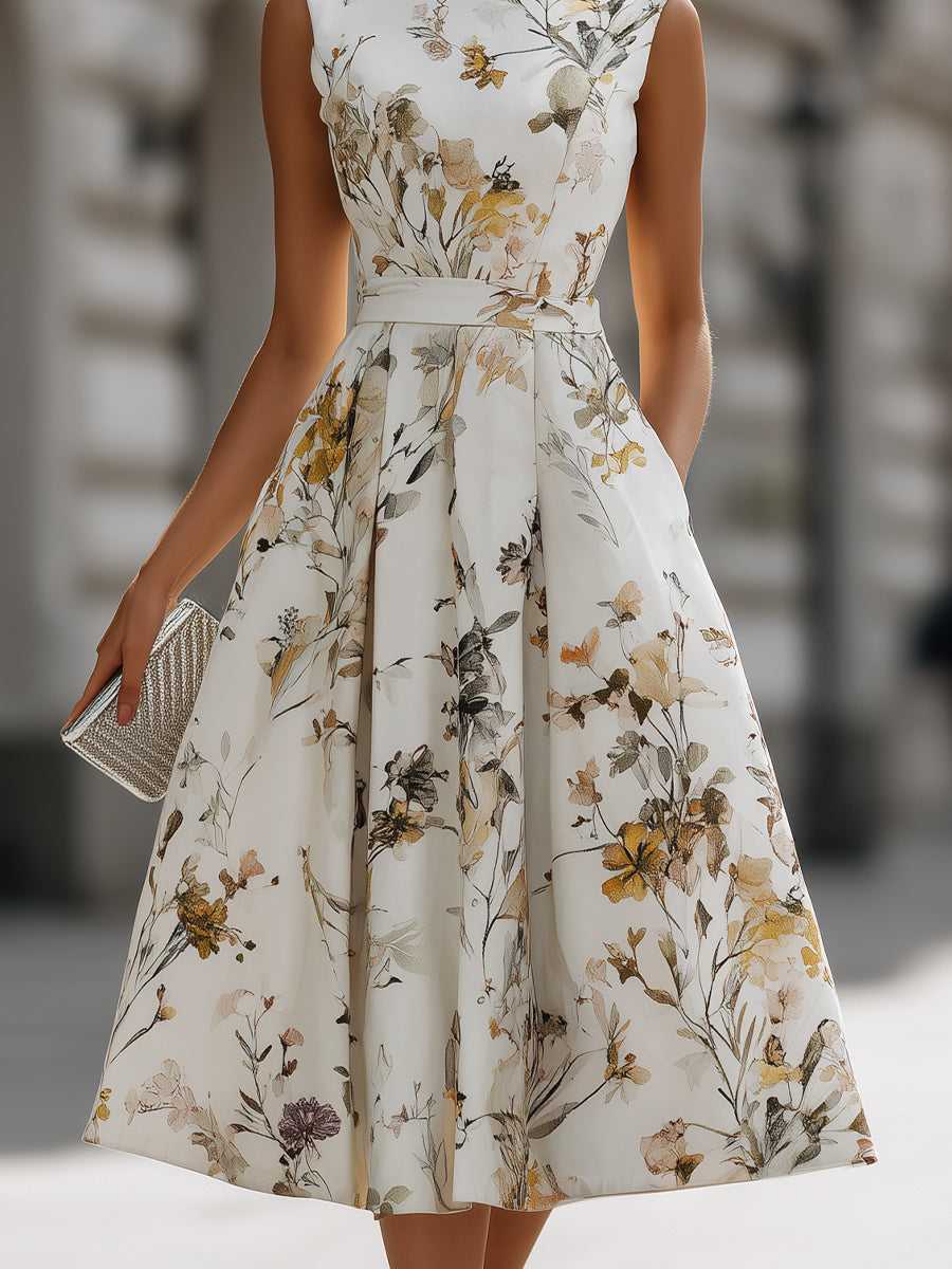 Sleeveless Belted Floral Midi Dress | Elegant Women's Dress