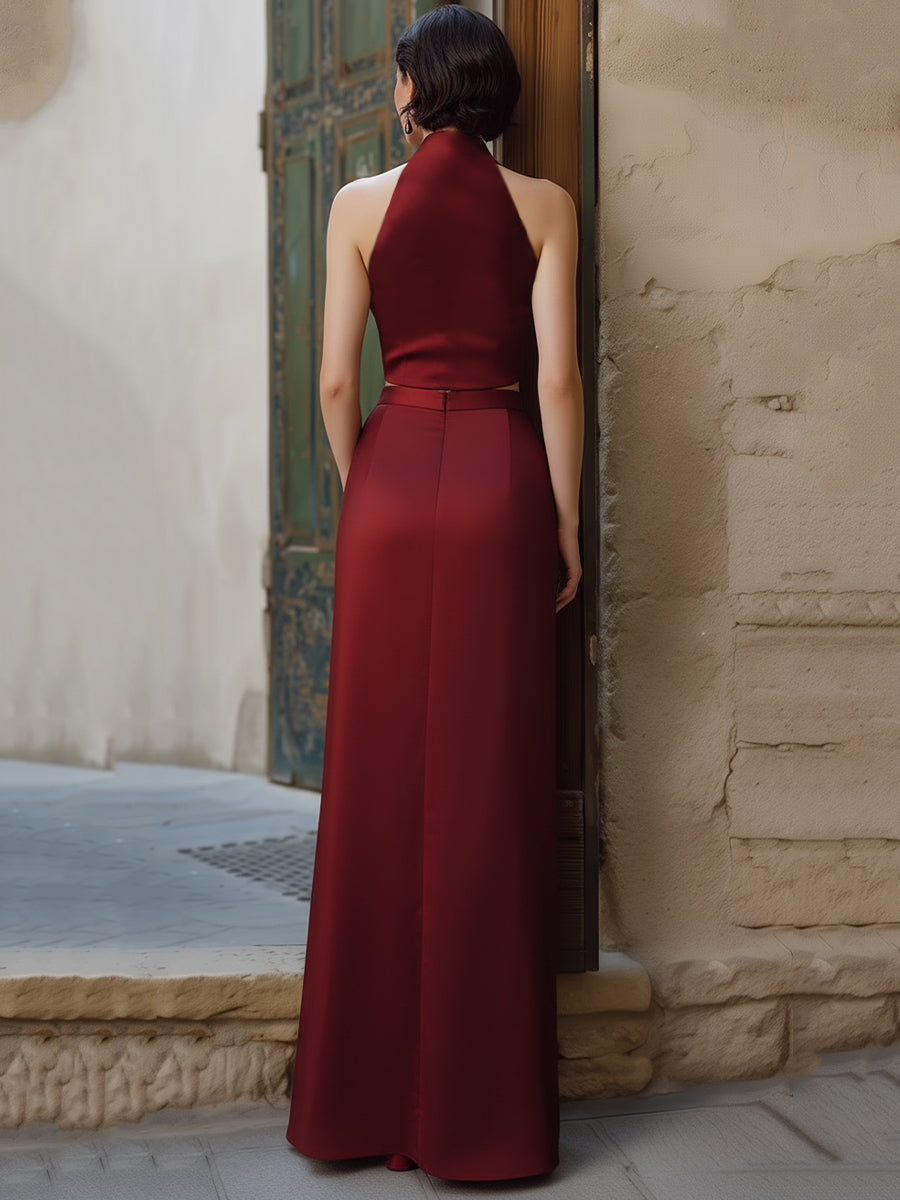 Sophisticated Satin Two-Piece Halter Set - Cropped Vest And Maxi Skirt | Elegant Women's Dress