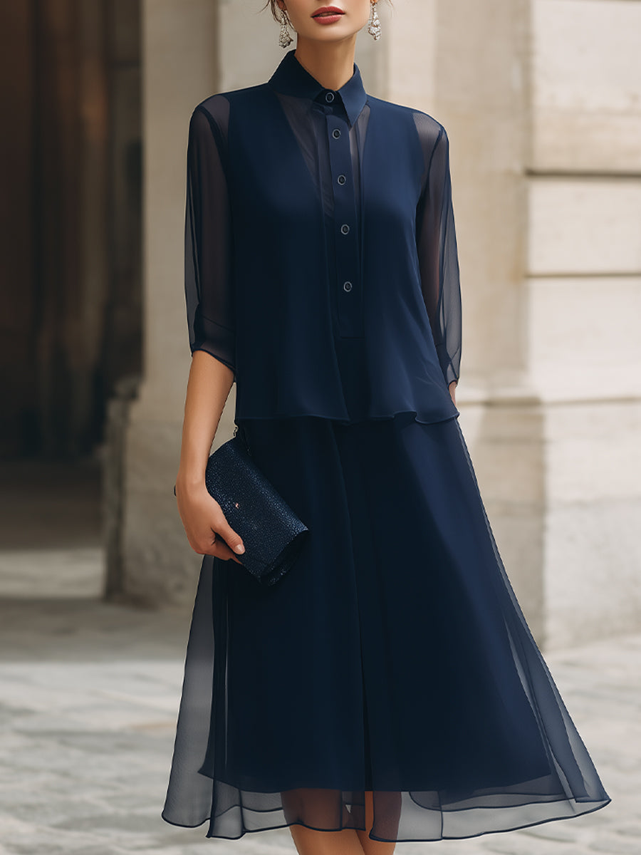 Button-Front Sheer Overlay Midi Dress | Elegant Women's Dress