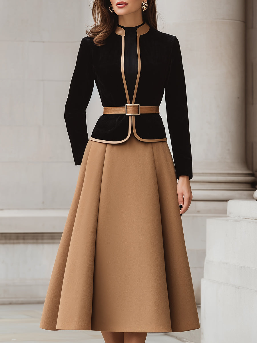 Two-Tone Trim Blazer And A-Line Midi Skirt Set | Elegant Women's Dress