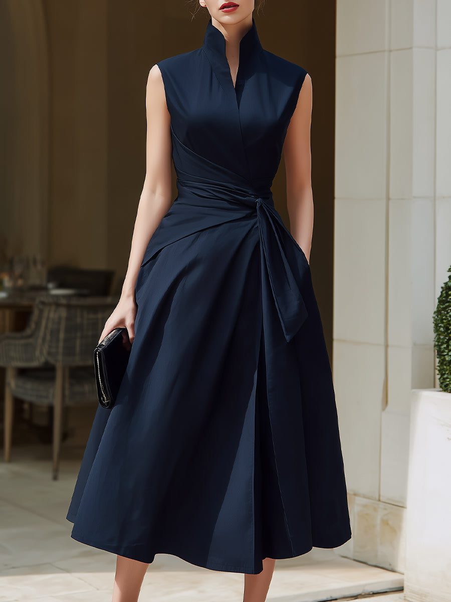 Sleeveless Wrap Midi Dress With Structured Stand Collar | Elegant Women's Dress