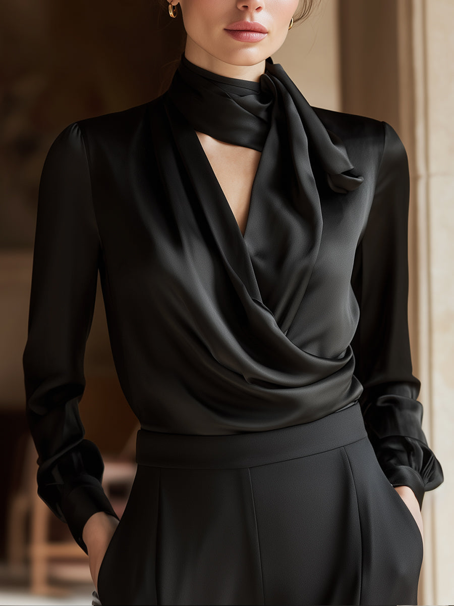 Black Draped Silk Blouse With Neck Tie Detail | Elegant Women's Dress