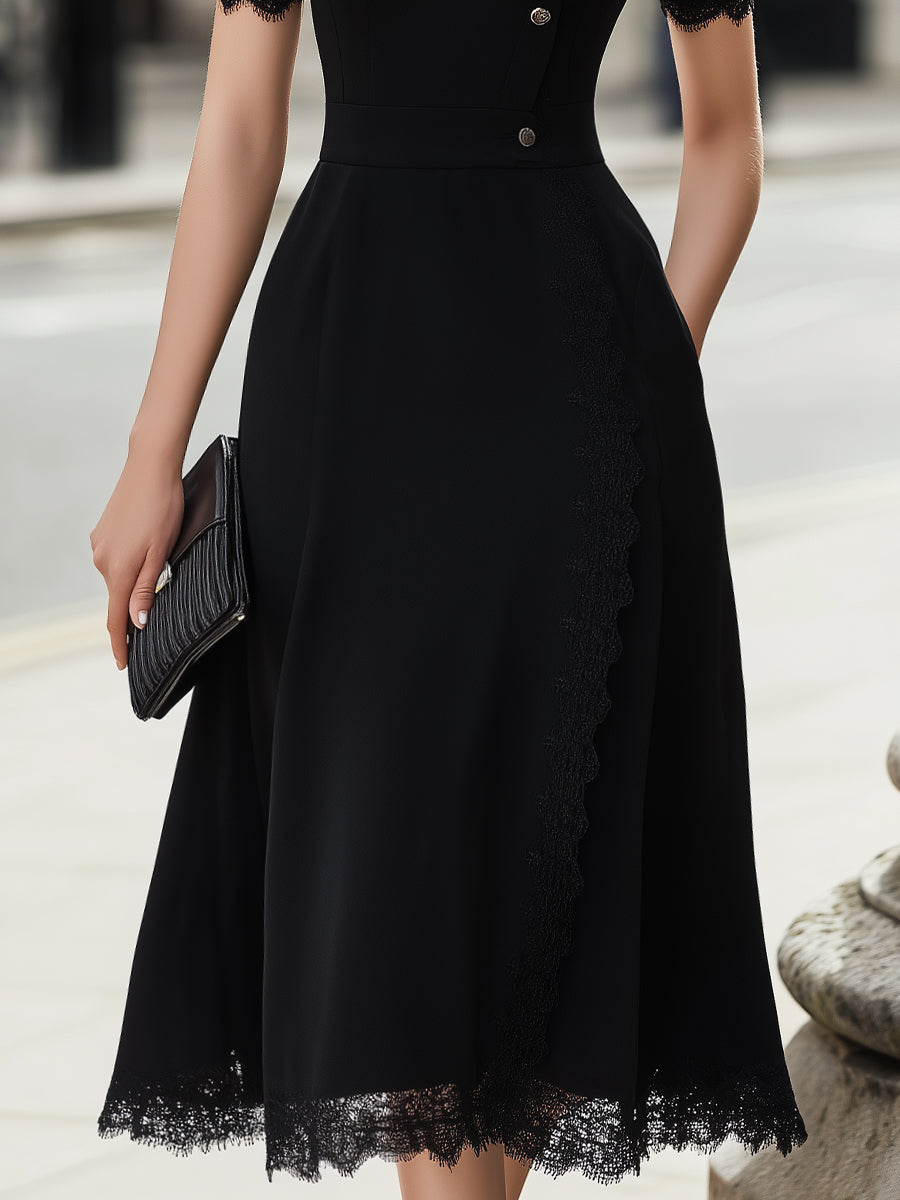 Button-Front Lace-Trim Midi Dress | Elegant Women's Dress