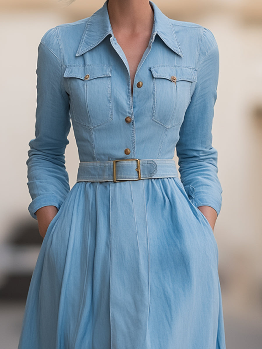 Classic Belted Denim Shirt Dress With Full Skirt | Elegant Women's Dress