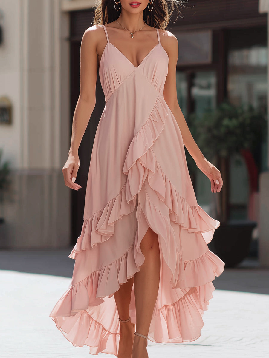 Asymmetrical Ruffle Chiffon Maxi Dress With Spaghetti Straps | Elegant Women's Dress