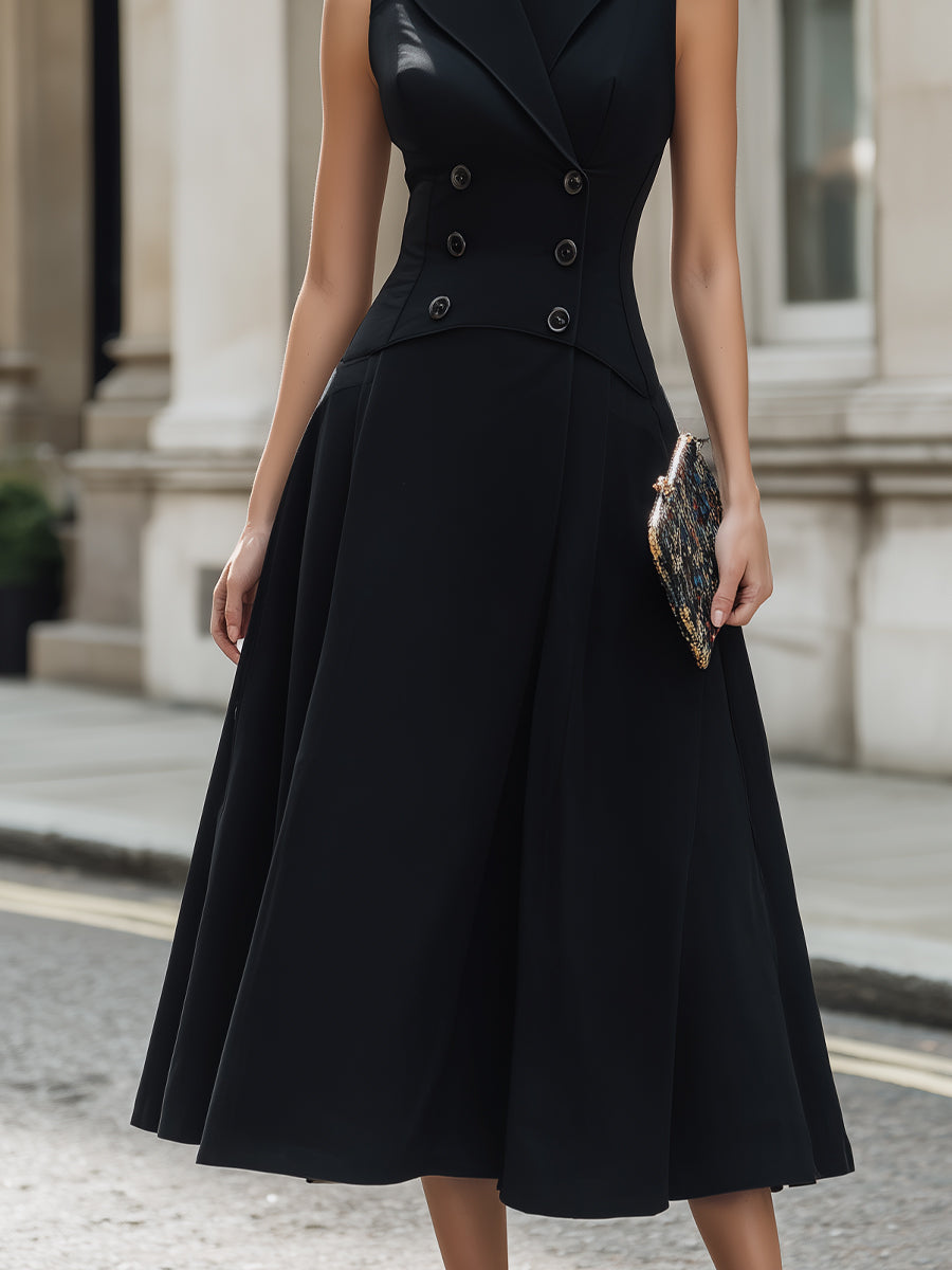 Tailored Sleeveless Double-Breasted Vest Midi Dress | Elegant Women's Dress