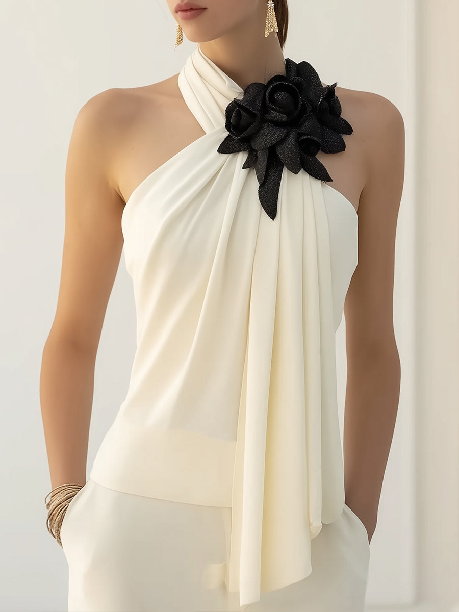 Chic Draped Halter Top With Elegant Floral Detailing | Elegant Women's Dress
