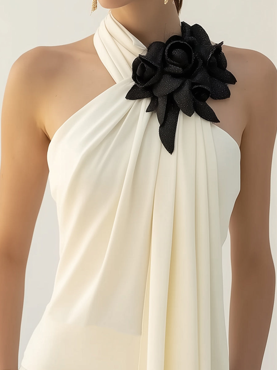 Chic Draped Halter Top With Elegant Floral Detailing | Elegant Women's Dress