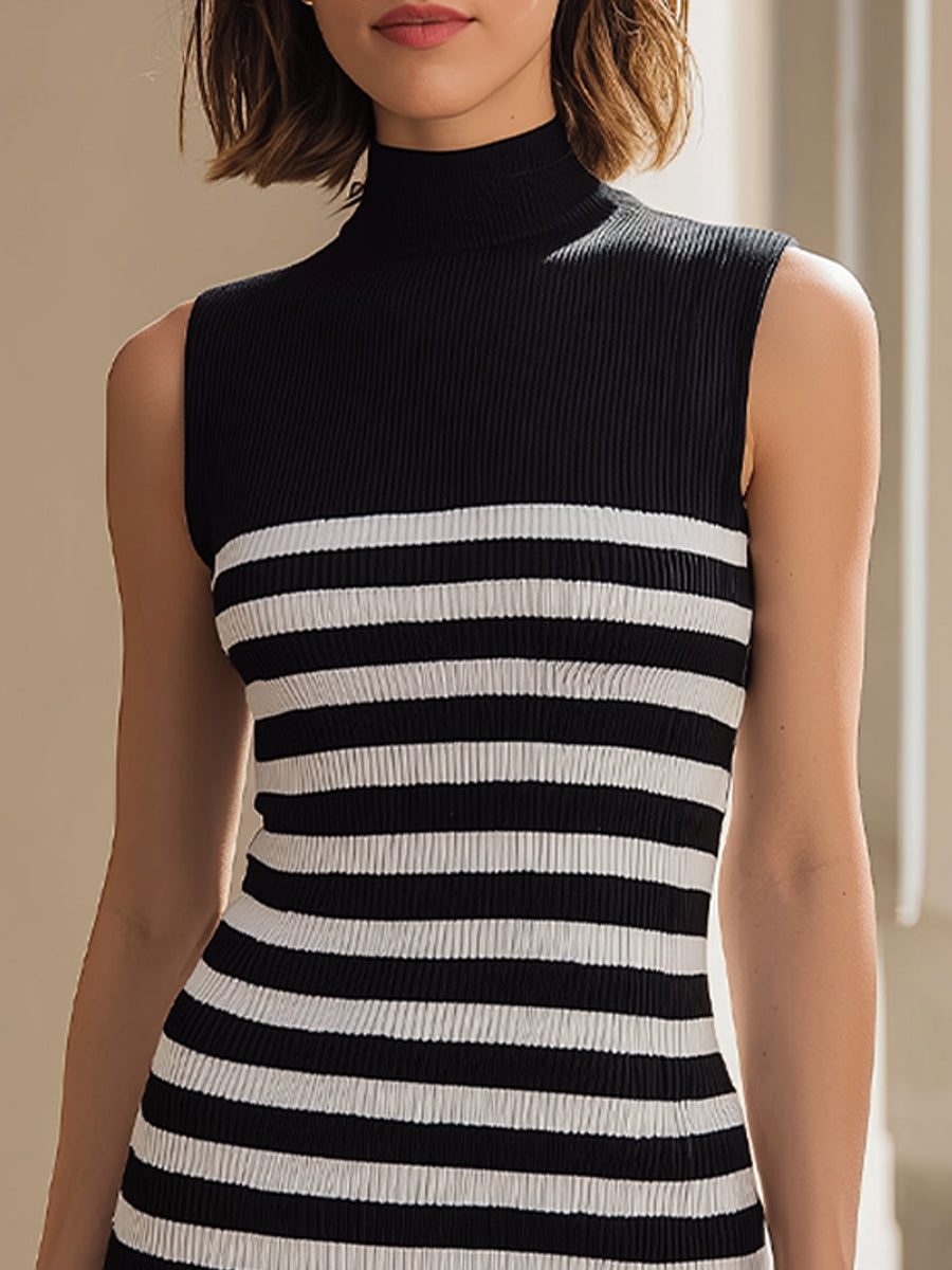 Chic Mock-Neck Sleeveless Striped Bodycon Knit Midi Dress | Elegant Women's Dress