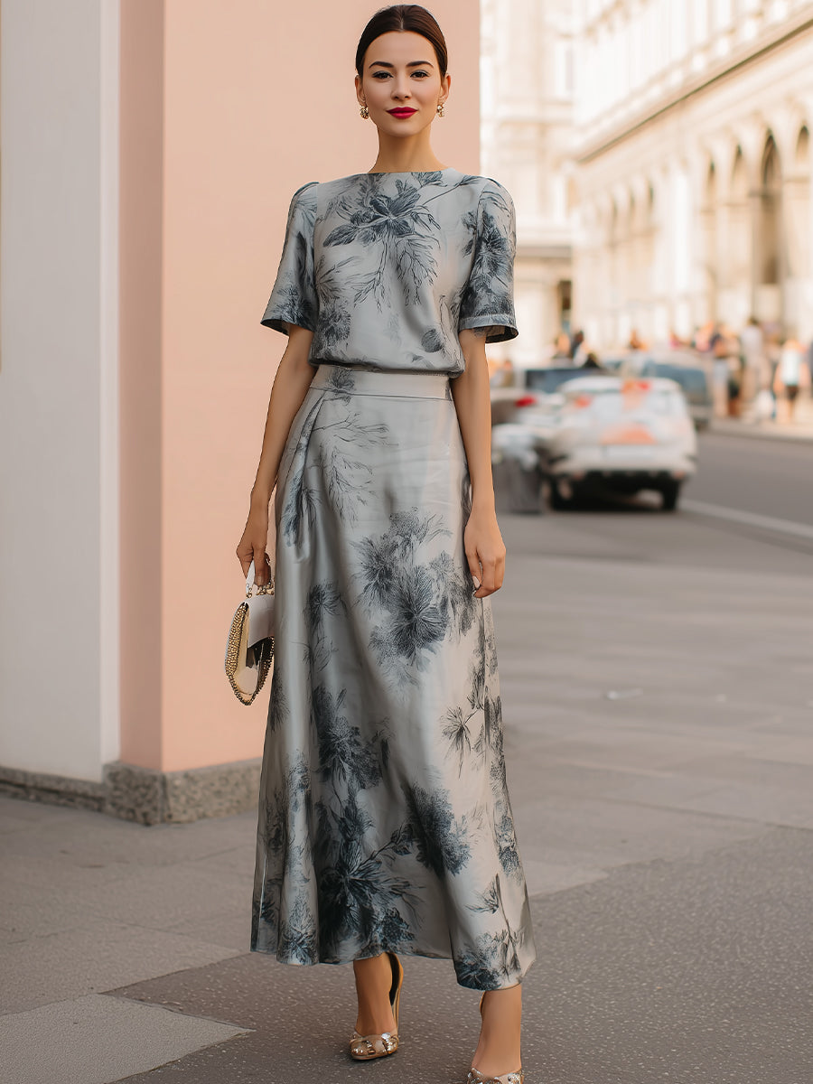 Ethereal Silver-Grey Floral Printed Two-Piece Maxi Set | Elegant Women's Dress
