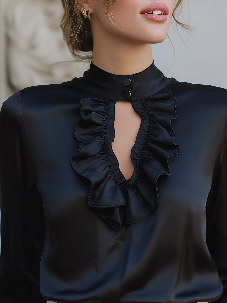 Black Satin Keyhole Ruffle Blouse | Elegant Women's Dress