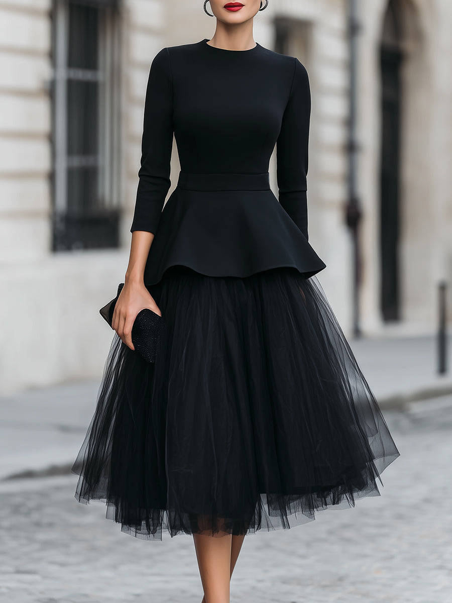 Structured Peplum Top and Layered Midi Skirt Set | Elegant Women's Dress