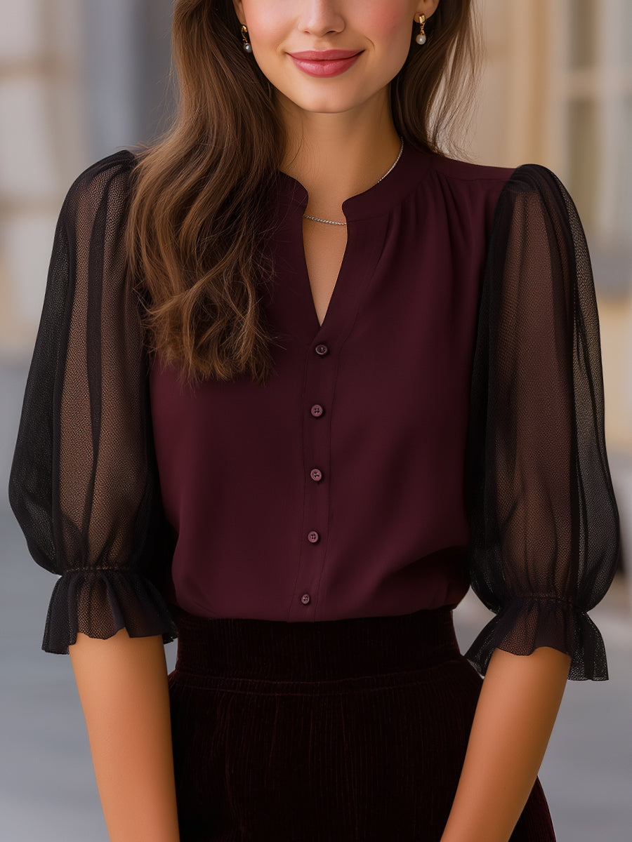 Sheer Puff Sleeve Button-Up Blouse | Elegant Women's Dress