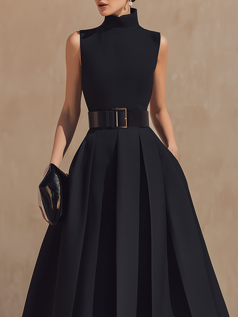 Belted High-Neck Pleated Maxi Dress | Elegant Women's Dress