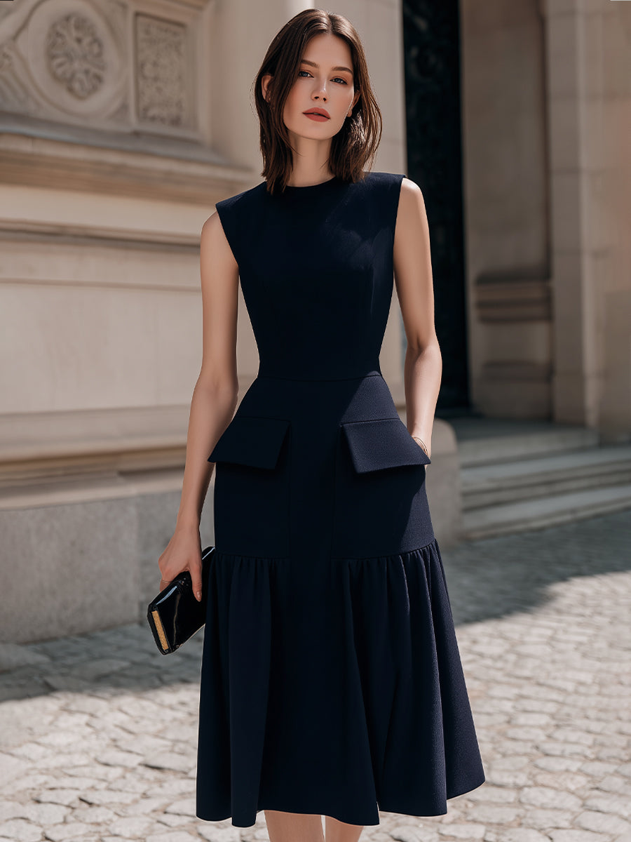 Structured Sleeveless Midi Dress With Flared Hem | Elegant Women's Dress